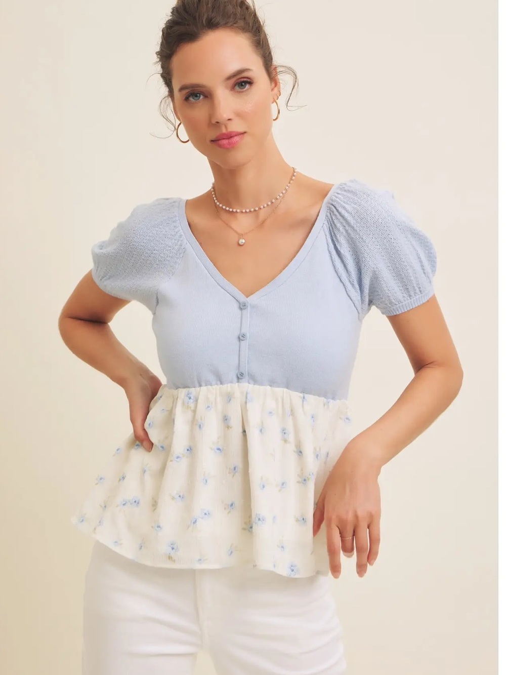 Cloud Garden Mixed Media Twofer Babydoll Top with Bow Size Small
